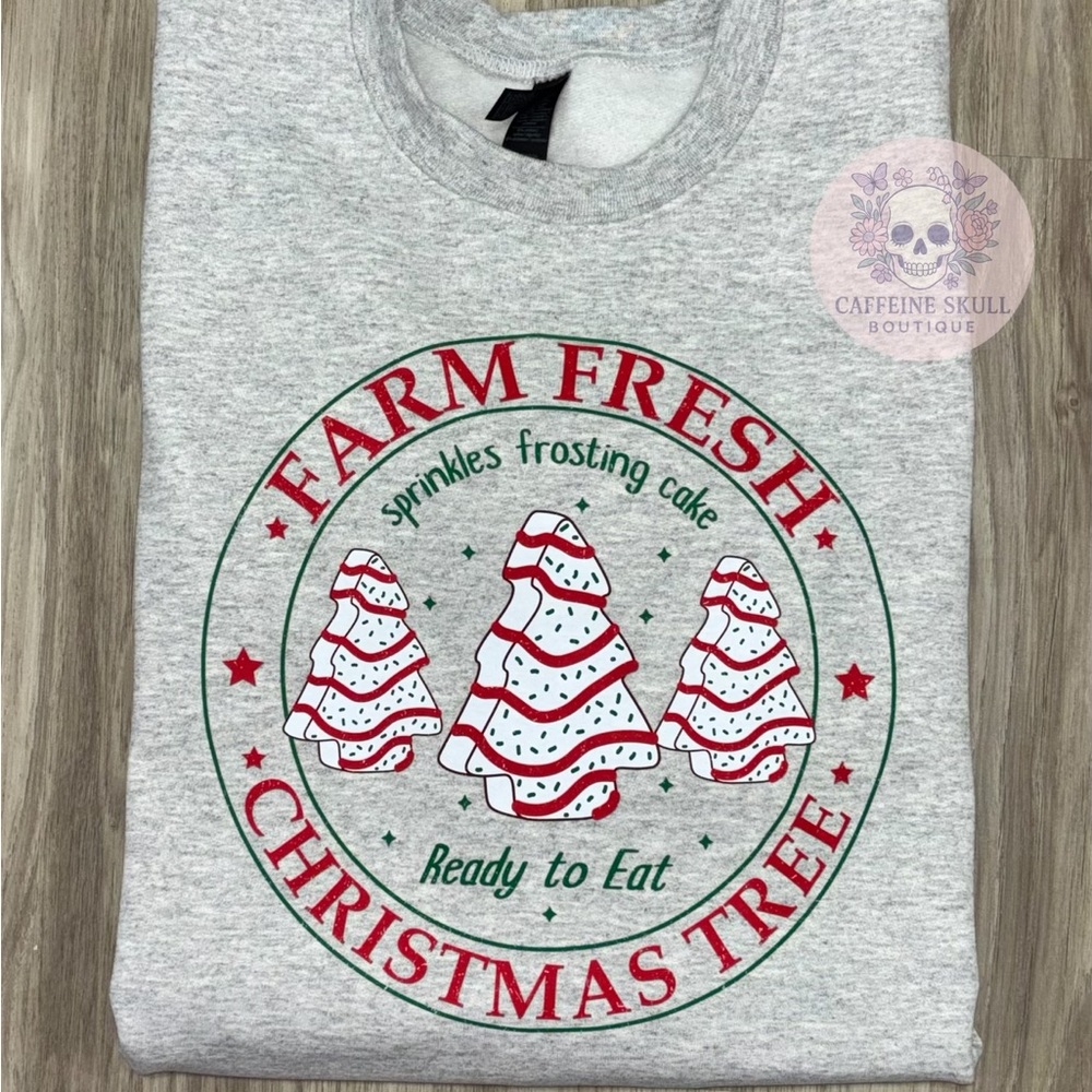 Gildan ash Gray Christmas Tree cakes Sweatshirt